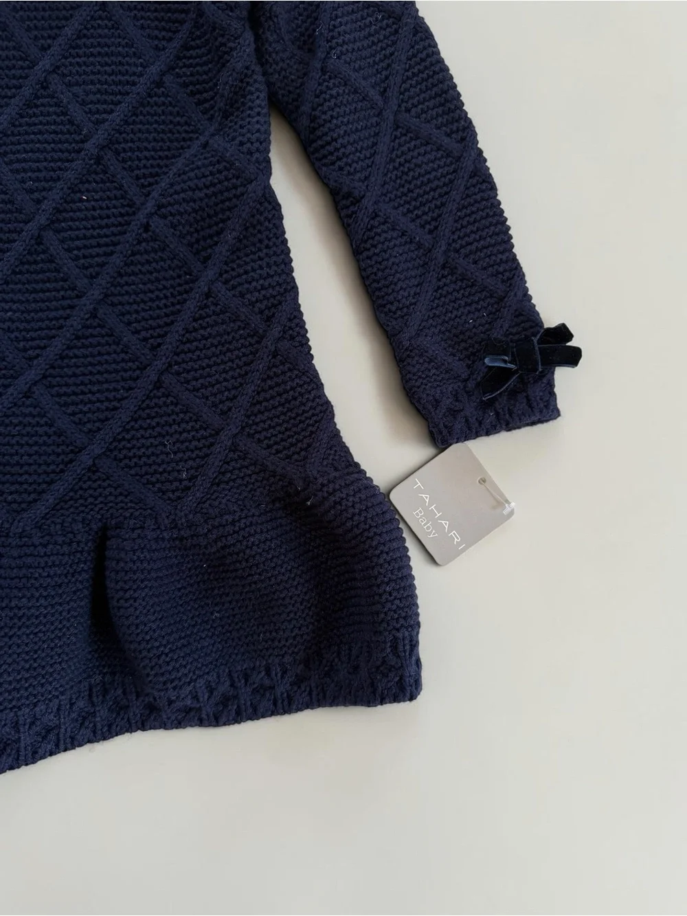 TAHARI NWT Navy Cable Knit Faux Fur Trim Collar Dress